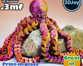 Flexi Octopus STL, 3mf, print in place, no support, PLA, 3D Joy Store