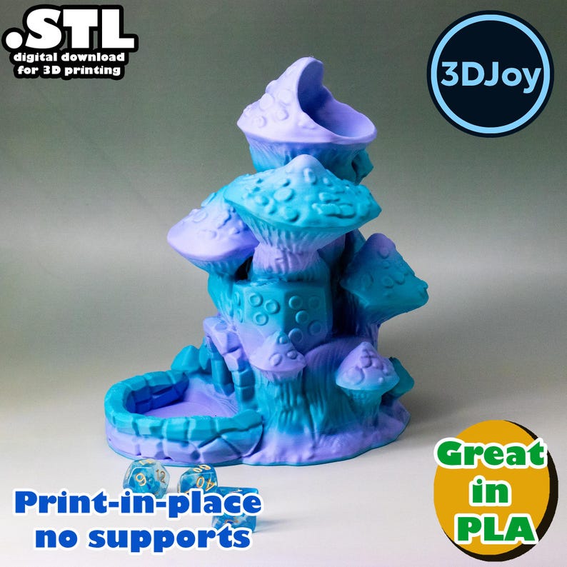 May include: A 3D-printed fantasy mushroom-shaped dice tower in shades of blue and purple. The tower has multiple mushroom caps and a dice tray at the base. Text on the image reads "Print-in-place no supports" and "Great in PLA".