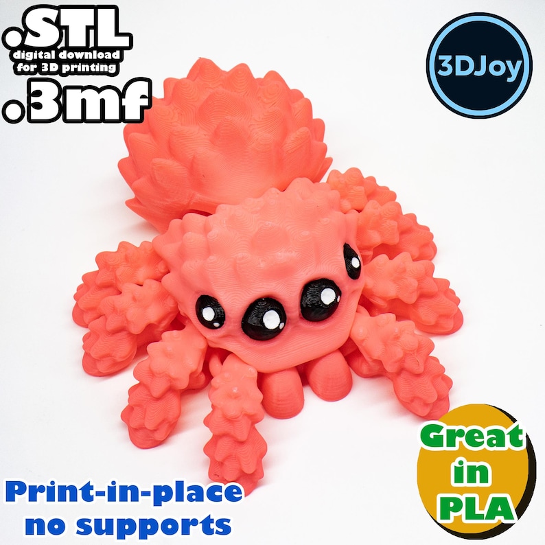 Peut inclure: Une araign&eacute;e imprim&eacute;e en 3D de couleur rose vif avec de grands yeux et un corps textur&eacute;. L'araign&eacute;e est imprim&eacute;e en place et ne n&eacute;cessite pas de supports. L'image comprend le texte "STL digital download for 3D printing .3mf" et "3DJoy".