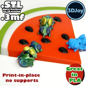 May include: A 3D-printed watermelon slice with black seeds and several insect-like figurines in shades of green, blue, and yellow. The image includes text that says "STL digital download for 3D printing .3mf" and "Print-in-place no supports". A logo says "3DJoy" and "Great in PLA".