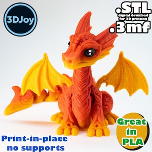 May include: Orange and yellow 3D printed dragon figurine. The dragon is sitting with its wings spread out. The text "Print-in-place no supports" and "Great in PLA" is visible in the image. The text "STL digital download for 3D printing .3mf" is also visible in the image.