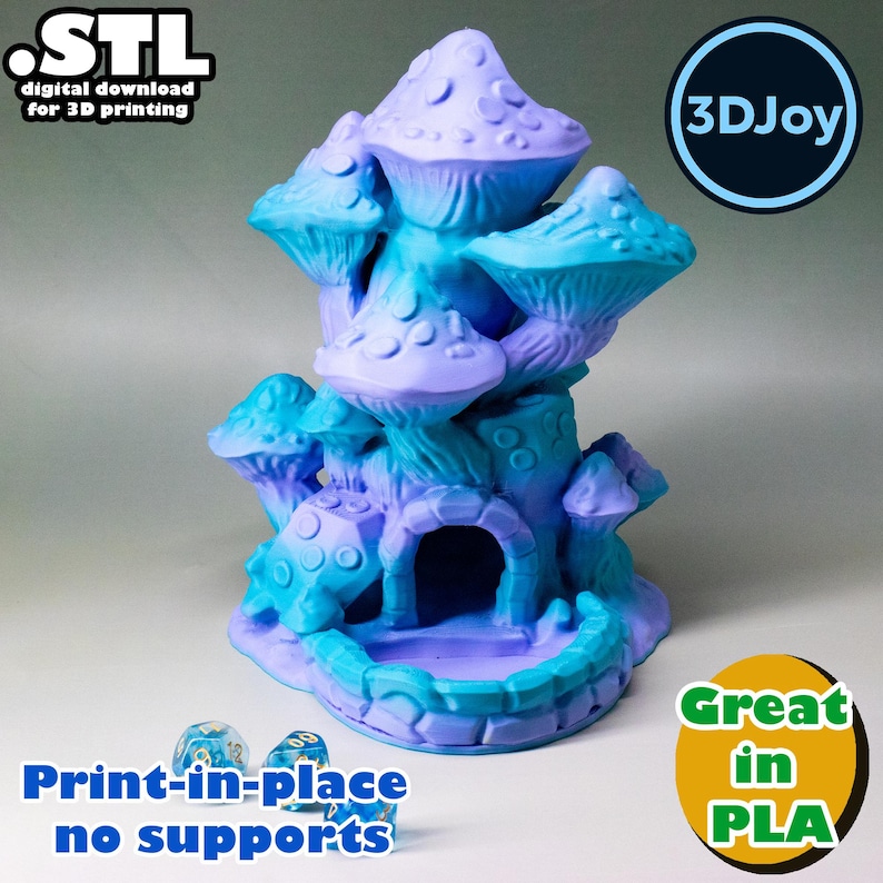 May include: A 3D-printed fantasy mushroom house in shades of blue and purple. The house features a rounded archway, multiple mushroom caps, and the text "Print-in-place no supports". The image also includes the text "Great in PLA".