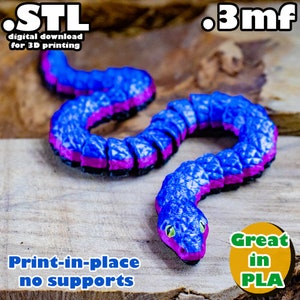 Cute Flexi Snake Toy STL 3mf, print-in-place, no support, PLA, 3D Joy Store