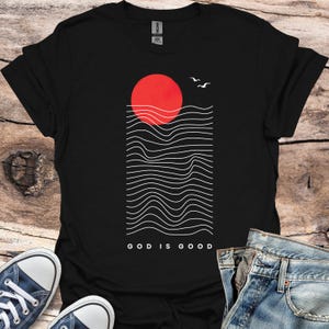 God Is Good T-Shirt: Christian Red Sun & Waves Graphic Tee