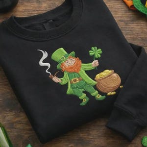 Smoking Leprechaun Embroidered Sweatshirt, Pot of Gold Crewneck, Funny St Patricks Day Shirt, Lucky Irish Shamrock Pullover