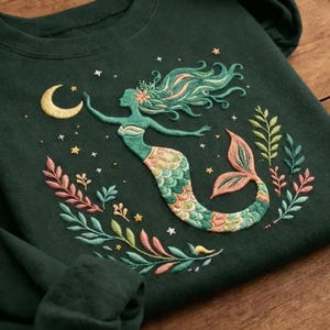 Embroidered Celestial Mermaid Sweatshirt, Mythical Sea Goddess Crewneck, Moon and Stars Pullover, Enchanted Ocean Nature Shirt