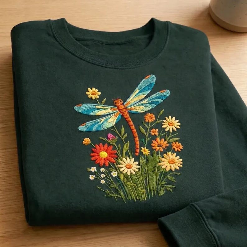 Embroidered Dragonfly Sweatshirt, Wildflower Crewneck, Botanical Nature ...