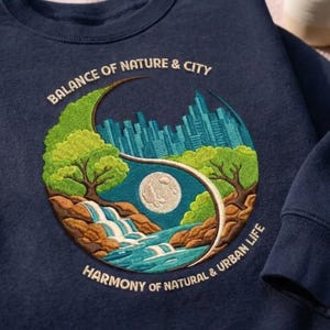 Może przedstawiać: Granatowa bluza z haftowanym wzorem Yin Yang. Wzór przedstawia krajobraz miejski i naturalny z napisami "Balance of Nature & City" i "Harmony of Natural & Urban Life".