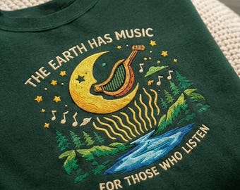 Embroidered Earth Has Music Sweatshirt, Celestial Moon Harp Crewneck, Nature Musical Pullover, Boho Forest Spirit Gift