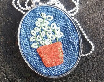 Plant Green Leaves in Basket on Denim Embroidered Necklace