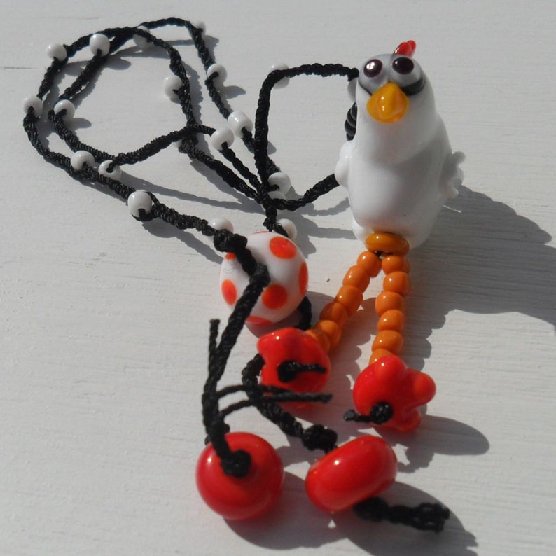 Lampwork Chicken Necklace, Braided Beaded Cording, Big Feet, Artisan Handmade SRA LETEAM Glassymom image 1