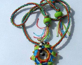 Lampwork and Kumihimo Necklace, Red Turquoise Green Handmade