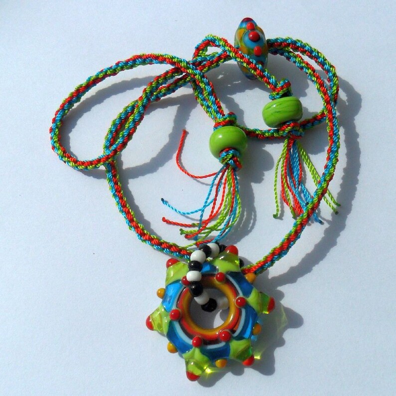 Lampwork and Kumihimo Necklace, Red Turquoise Green Handmade image 1