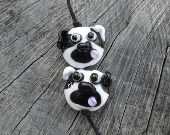 Pug Life Bead Pair, Artisan Lampwork Beads SRA Black White Cute Pug Earring Pair Glassymom