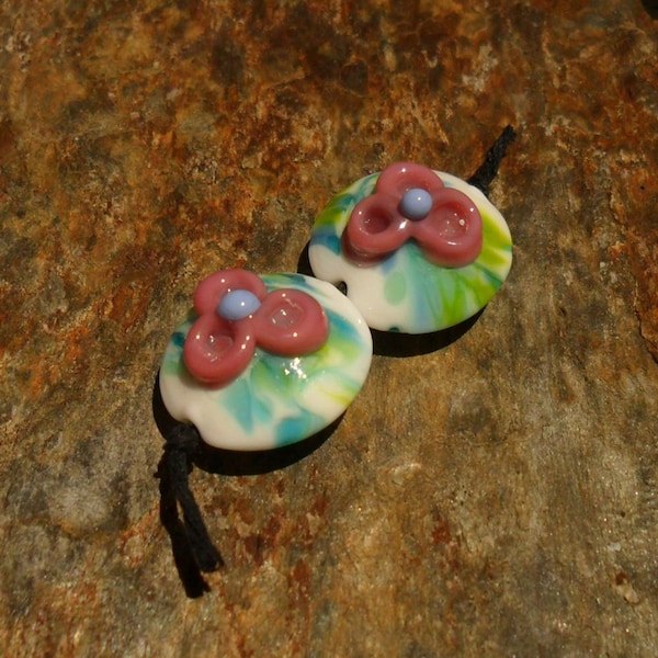 Green Blue Pink Flower Lentil Pair Lampwork Glass Beads Artisan Handmade SRA Glassymom