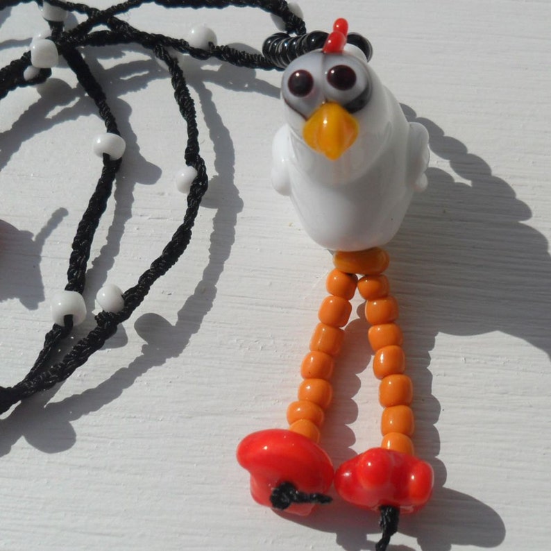 Lampwork Chicken Necklace, Braided Beaded Cording, Big Feet, Artisan Handmade SRA LETEAM Glassymom image 4
