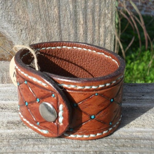 Leather Bracelet Quilted Leather with Turquoise Hand Painting Dark Leather image 3