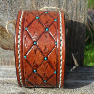 Leather Bracelet Quilted Leather with Turquoise Hand Painting Dark Leather image 2