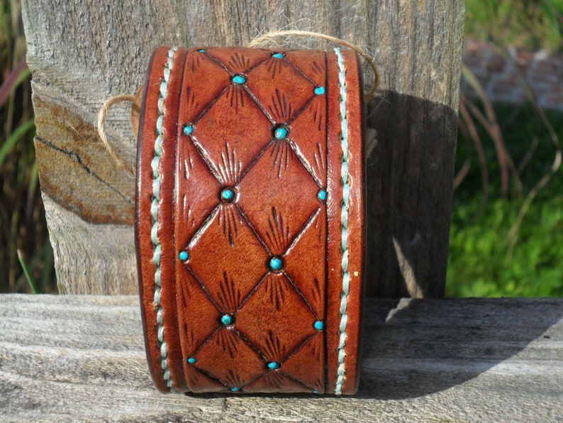 Leather Bracelet Quilted Leather with Turquoise Hand Painting Dark Leather image 2