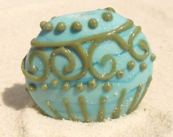 Lampwork Focal Bead Turquoise Green Lined Lentil Artisan Handmade SRA Glassymom