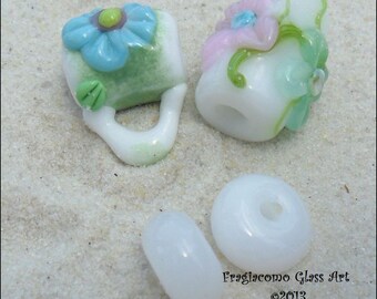 Lampwork Bead Bail Set, Flowers White Blue Purple Green, Artisan Handmade SRA