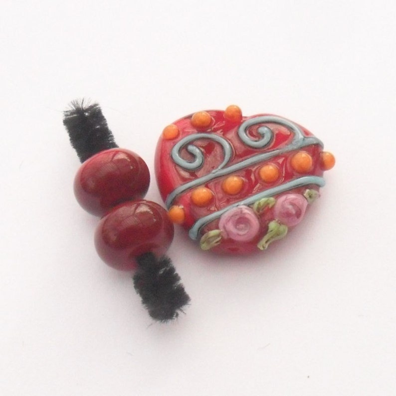 Lampwork Scroll Flower Heart and Spacers, Artisan Handmade SRA image 1