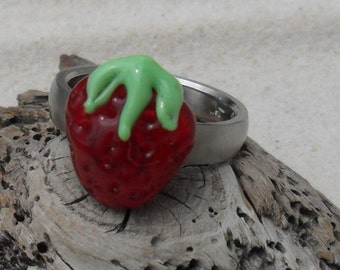 Lampwork Juicy Strawberry Ring Topper, Artisan Handmade SRA Glassymom