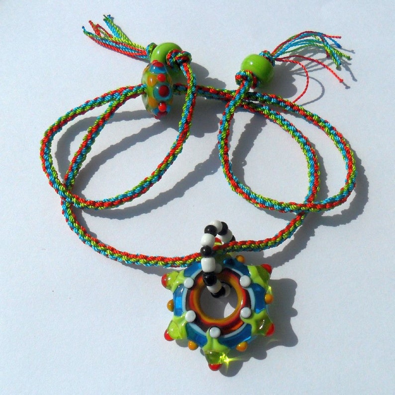 Lampwork and Kumihimo Necklace, Red Turquoise Green Handmade image 2