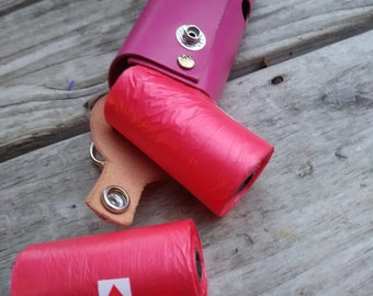 Pink Leather Double Poop Bag Holder-Handmade