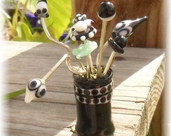 Lampwork Vase Glass Flowers, Black White Artisan Handmade SRA LETEAM Glassymom