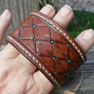 Leather Bracelet Quilted Leather with Turquoise Hand Painting Dark Leather image 5