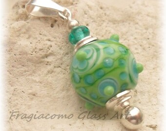 Lampwork Pendant Greens Flowers, Bead Hopper Silver Plate Artisan handmade SRA LETEAM Glassymom