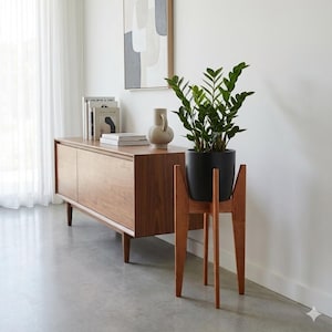 angled stand mcm decor mid century solid wood, cedar plant stand indoor.