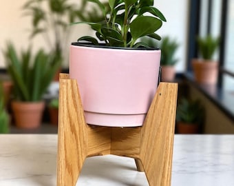 Oak Wood Plant Stand: Mid-Century Modern Indoor Planter Riser