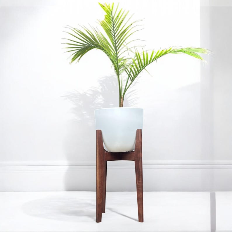 May include: A white ceramic planter with a green plant, set on a dark brown wooden stand. The stand has a mid-century modern design with four angled legs. The plant has long, thin, green leaves.