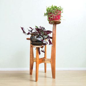 Może przedstawiać: Drewniany stojak na rośliny z dwoma poziomami, prezentujący rośliny doniczkowe. Górny poziom zawiera czerwony doniczek z zwisającymi zielonymi liśćmi, a dolny poziom ma ozdobny doniczek z fioletowymi i zielonymi roślinami. Stojak jest wykonany z jasnobrązowego drewna.