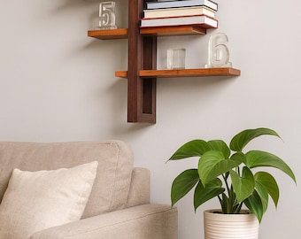 Mid Century Modern Floating Shelf • Handmade Wood Wall Shelf • Minimalist Plant & Book Display