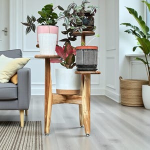 Op de afbeelding: Een houten plantenstandaard met drie niveaus, elk met een potplant. De planten hebben groene en roze bladeren. De potten zijn wit, roze en zwart met decoratieve patronen. De standaard is gemaakt van lichtgekleurd hout en heeft een natuurlijke afwerking.