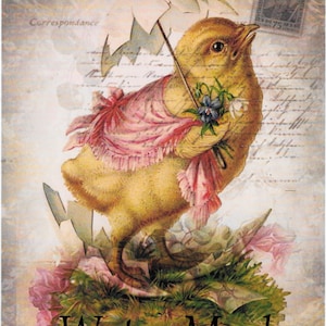 Easter Chick with umbrella*Carte Postale script pink roses collage*quilt art fabric block*Assorted sizes*Free worldwide shipping