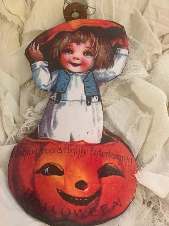ハロウィンの子供用カボチャの木製オーナメント*両面*1900年代の豪華な