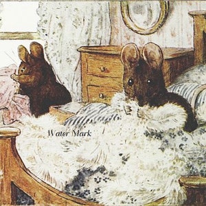 May include: Two brown mice are in a bedroom. One mouse is standing by a window and the other is lying in a bed with a white blanket and blue and white striped sheets.