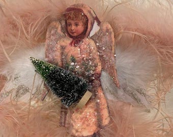 NATALE Angelo vittoriano con scovolino per albero di Natale*Brillantini tedeschi*Ali di piume vere