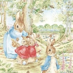 May include: A watercolor illustration of four brown rabbits in a forest setting. The rabbits are wearing blue and red clothing. The largest rabbit is wearing a blue dress and holding a basket. The other three rabbits are wearing red jackets. The rabbits are standing on a path in the forest. There is a bird on the ground in front of the rabbits.