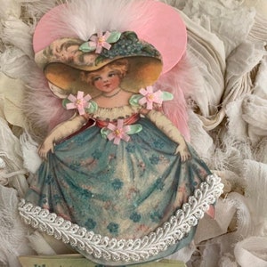 VaLENTINE ANGEL ornament*Pink feather wings*Hand cut in two layers*Hand painted German glitter*Adorable*Forget-Me-Not