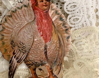 THANKSGIVING Turkey Girl Ornament*Vintage image from a 1903 postcard*Hand cut two layers*Hand painted German glitter*Great one