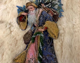 Dresden Victorian die cut vintage style golden SANTA CLAUS ornament*German glitter & mica*GORGEOUS!