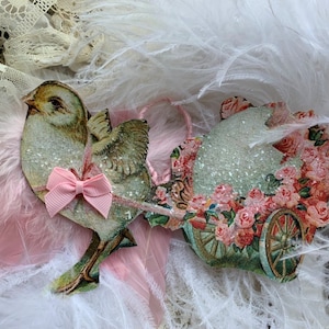EASTER CHICK with the pink wings is pulling a rose covered egg cart*Gorgeous*Ornament*Decoration*Fir tre*Feather tree*Easter tree