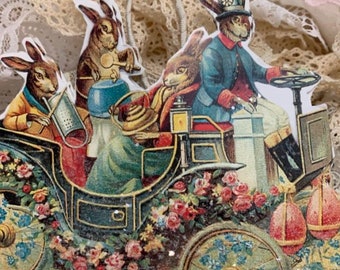 Easter Rabbits in a motor car vintage Victorian die cut ornament*Oh darling*Reproduced from a German die cut.