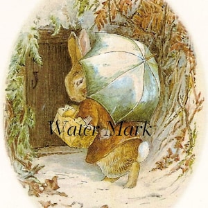 May include: A brown rabbit with a blue umbrella and a basket of carrots walks through a snowy woodland. The rabbit is wearing a brown coat and has a white tail.