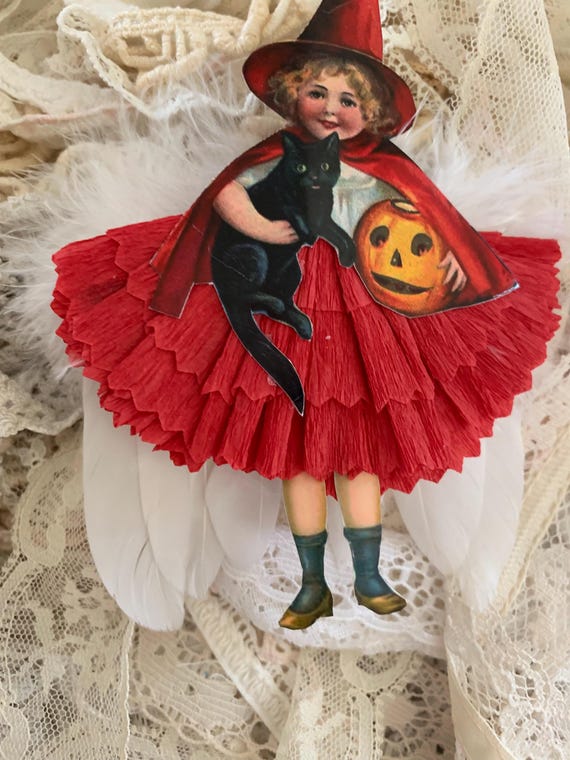 Halloween WITCH With a Red Crepe Paper Skirt*adorable*real Feathered  Wings*4 Inches Tall*perfect for a Feather Tree*white Wings - Etsy UK